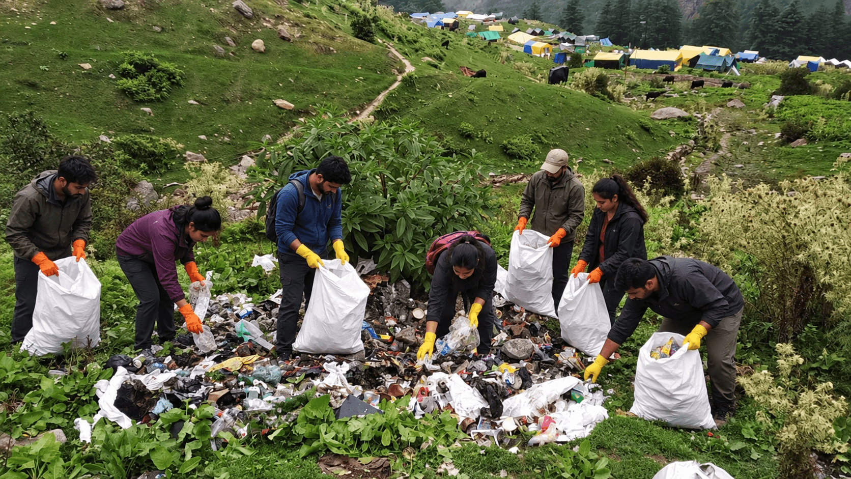 Volunteers collecting litter on a grassy mountainside