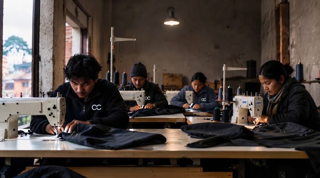 Garment workers stitching fabric at sewing machines